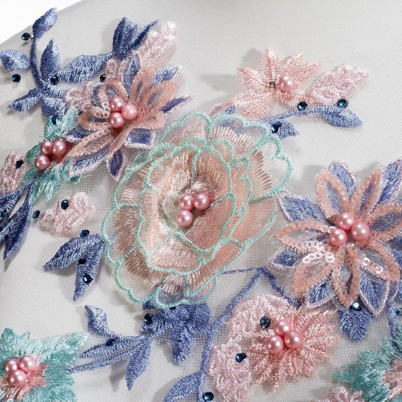 Silvora 3D Embroidered Flower Fabric Beaded Pearl Lace Applique, Handmade Sewing Tool for DIY Wedding Bridal Dress Floral Costume Patch Decor(Blue) - Image 2